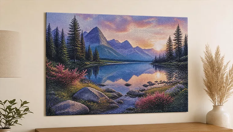 AFrameless finished diamond painting displayed on a wall